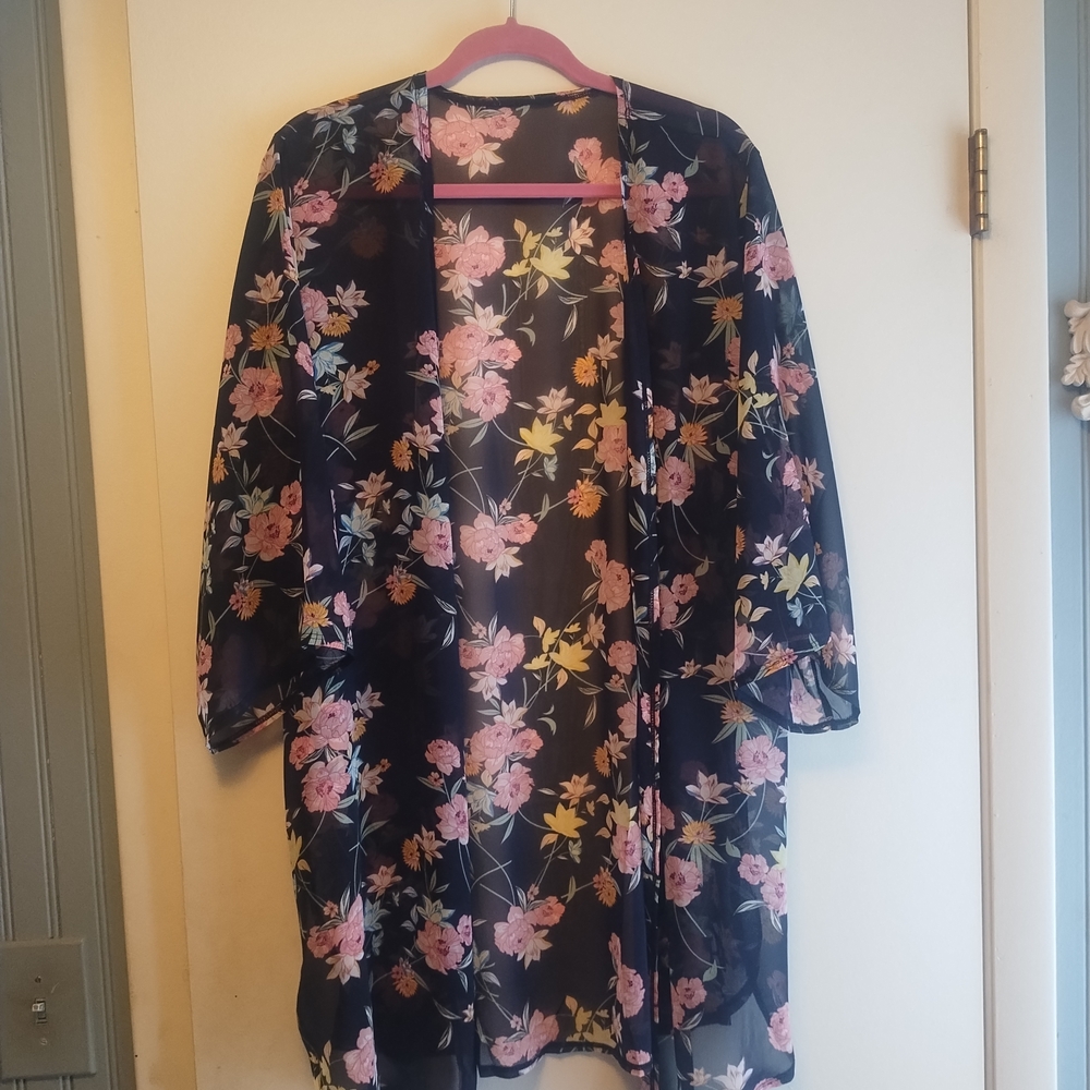 Time and Tru Navy And Pink Floral Sheer Coverup